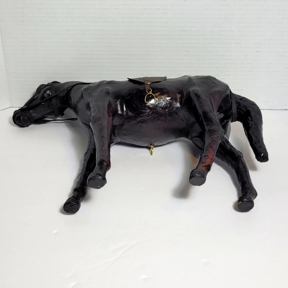 Vintage Brown Leather Wrapped Horse Statue Figure With Saddle - Picture 10 of 12
